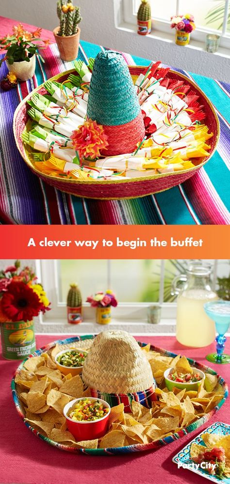 Indoors or out, this idea keeps your cutlery neatly displayed with style. Create these sweet little packets in green, yellow and red by layering colorful and white napkins and tying them off with curling ribbon. Tuck them into a sombrero and add a DIY tissue paper flower to make your Cinco De Mayo buffet table really bloom. Taco Bar, Taco Bar Party, Mexican Party Decorations, Mexican Theme Party Decorations, Mexican Party Theme, Mexican Fiesta Decorations, Mexican Fiesta Party, Mexican Birthday Parties, Cinco De Mayo Party Food