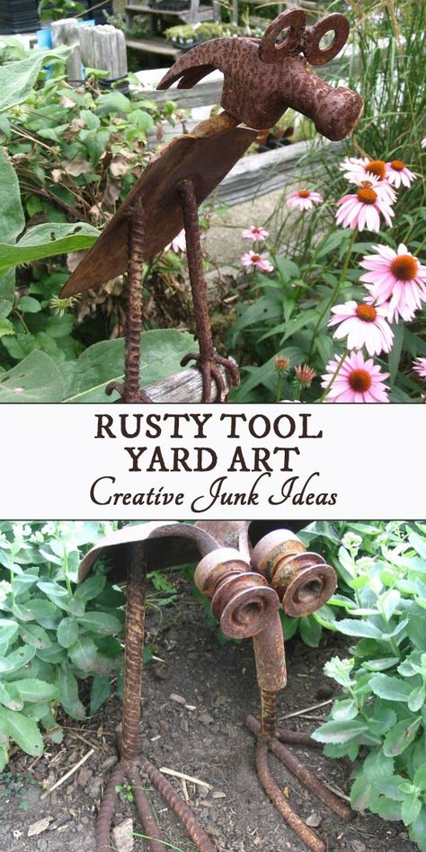 This yard art made from old tools shows many ways to turn rusty old tools into art. Look for hammers, shovels, wrenches, and hardware including metal washers, crowbars, rakes, and more.