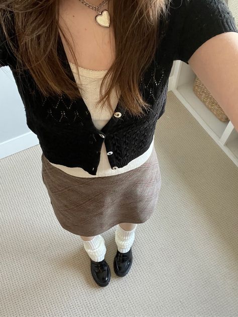 Tank Top Outfits With Cardigan, Pointelle Cardigan Outfit, Skirts With Loafers Outfit, Black Cardigan Skirt Outfit, Tank Top And Cardigan, Black Loafers Outfit Aesthetic, Pointelle Top Outfit, Outfits With Loafers Aesthetic, Black Cardigan Outfit Ideas