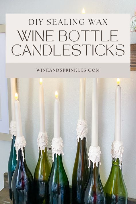 How to make wine bottle candle holder centerpieces with dripping wax LED taper candles using sealing wax, wine bottles, and air dry clay for party table centerpieces for weddings, celebrations and other events. Wedding Flowers, Wedding Ideas, Wedding Planning, Big, Ds, Luke, Taper Candles, Bridal Shower, Events
