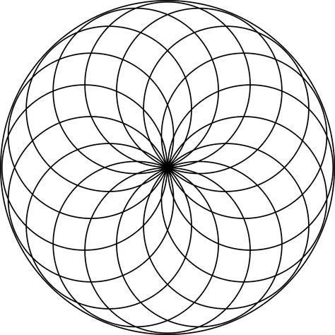 Circular rosette with 16 petals in a circle. It is made by rotating circles about a fixed point. The radii of the smaller circles is equal to the distance between the point of rotation and the center of the circle. Thus, the circles meet in the center of the larger circle. Patchwork, Mandalas, Pattern, Geometric Pattern, Geometric, Geometric Circle, Zentangle, Stencil, Geometric Pattern Circle