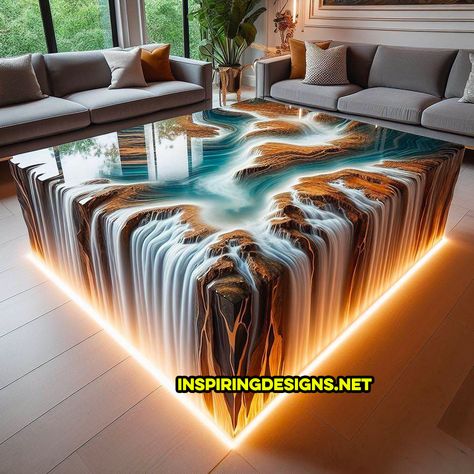 These Wood and Epoxy Waterfall Coffee Tables Will Make a Splash in Your Home Decor Epoxy Wood Table, Epoxy Resin Table, Wood Resin Table, Epoxy Resin Wood, Cool Coffee Tables, Diy Resin Coffee Table, Resin And Wood Diy, Resin Table, Wood Table Design