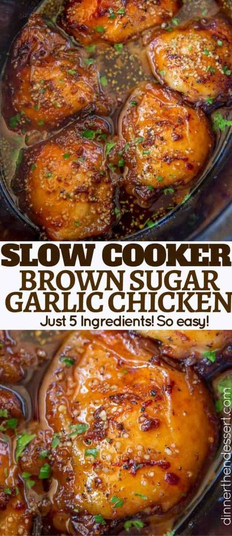 Slow Cooker Brown Sugar Garlic Chicken made with just five ingredients from your pantry, you can set it in minutes and have the perfect weeknight meal! Slow Cooker Chicken, Slow Cooker, Crockpot, Crockpot Recipes, Crockpot Dinner, Crockpot Dishes, Crockpot Recipes Easy, Dinner Recipes Crockpot, Easy Crockpot Dinners