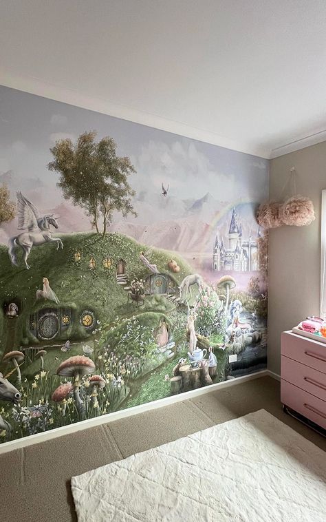 Exquisite Girls Fairy Wall Mural Wallpaper Art, Fairy Bedroom Ideas For Kids, Fairy Nursery Theme, Girls Bedroom Mural, Whimsical Girls Bedroom, Fairy Themed Bedroom, Girl Nursery Bedding, Nursery Mural