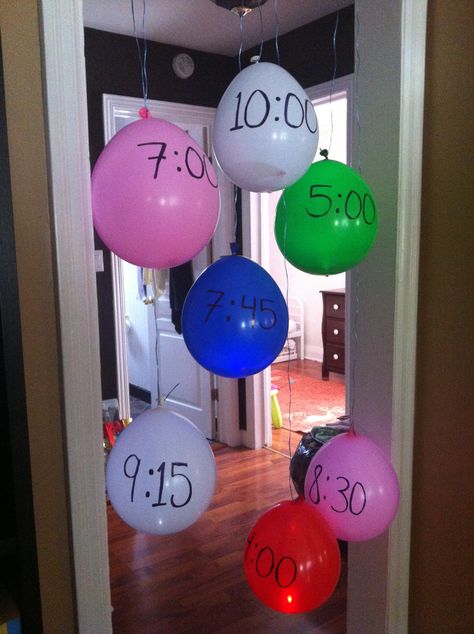 activities - placed inside balloons to be popped at each corresponding time. Journey in a day?? Pre K, Sleepover Birthday Parties, Sleepover Games, Slumber Parties, Fun Sleepover Ideas, Party Activities, Kids Party, Birthday Party Games, Party Time