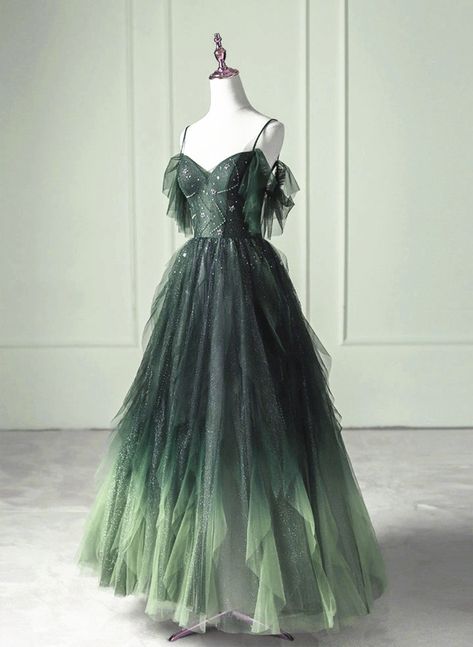 Dark Green Beaded Straps Tulle Layers Long Party Dress, Green Formal D - dreamydressprom Prom Dresses, Queen, Giyim, Styl, Robe, Bal, Style, Beautiful Dresses, Model