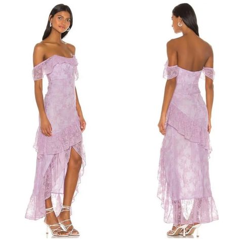 Lovers + Friends Rosewater Lace Gown In Lilac Purple Size Medium High-Low Hem Floral Lace Fabric Boned Bodice Ruffle Trim Off The Shoulder Neckline Brand New With Tags Approximate Measurements: Armpit To Armpit: 16” Waist: 28” Length Front: 37” Length Back: 60” Tags: Maxi, Revolve, Dress, Midi, Event, Special Occasion, Wedding Guest, Spring, Summer, Elegant, Feminine Bin 7 Special Occasion, Gowns, Purple Maxi Dress, Lace Maxi Dress, Lavander Dress, Spring Midi Dress, Lace Gown, Spring Formal Dresses Long, Purple Gowns