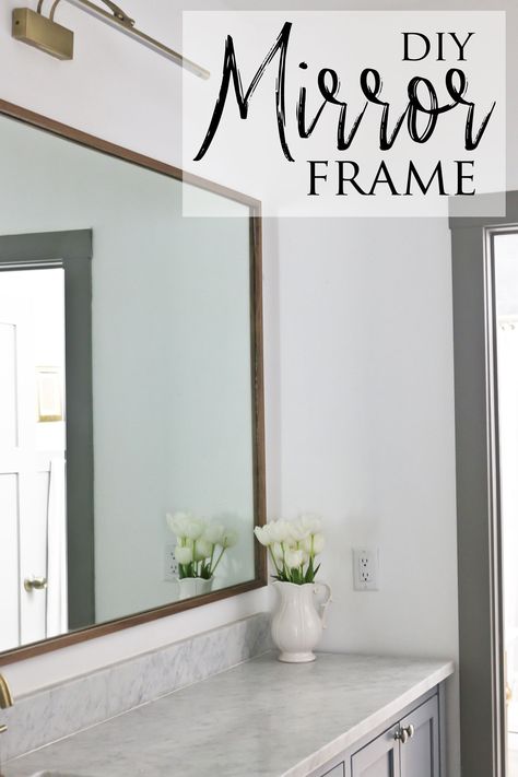 Discover this DIY wood mirror frame that saves you a ton of money and offers a beautiful custom look that just can't be bought in stores. For a relatively quick and easy DIY project, I think it made a huge impact on the design of this shared bathroom room in our pole barn house. Home Décor, Diy Mirror Frame Bathroom, Diy Wood Mirror Frame, Mirror Makeover Diy, Bathroom Mirrors Diy, Mirror Frame Bathroom, Bathroom Mirror Frame, Wood Framed Mirror, Bathroom Mirror Makeover