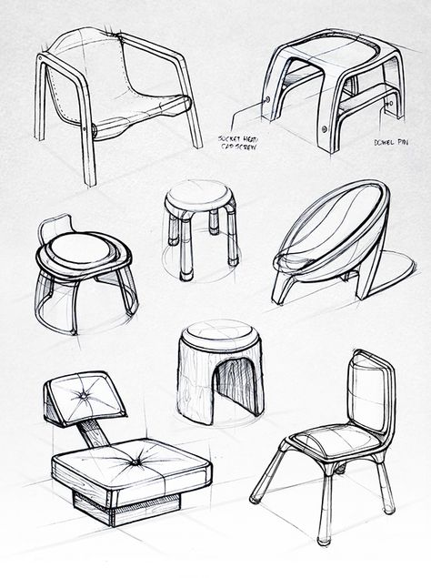 Various chair sketches - Design Sketchbook II on Behance - Matt Seibert Architecture, Art, Vintage, Design, Drawing Furniture, Industrial Design Sketch, Design Sketch, Rendering, Chair Drawing