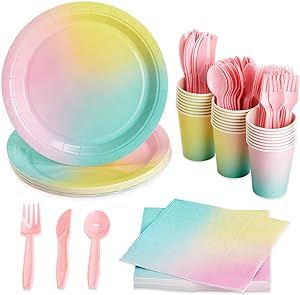 BLUE PANDA 144 Piece Pastel Rainbow Birthday Party Supplies, Dinnerware with Paper Plates, Napkins, Cups, and Pink Cutlery (Serves 24) Rainbow Party Decorations, Pastel Themed Birthday Party Decorations, Donut Themed Birthday Party, Unicorn Party Plates, Rainbow Themed Birthday Party, Birthday Party Tables, Birthday Party Supplies Decoration, Rainbow Birthday Party, Party Decorations