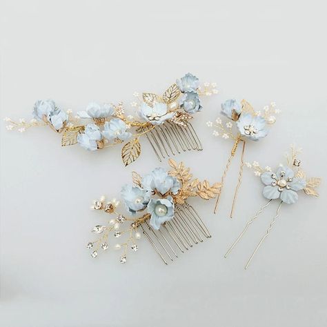 Two bridal combs and two hair pins, each with gold leaves, silver jewels and baby blue flowers Bridal Hair, Haar, Floral Hair, Hair Comb Wedding, Hair Jewelry Wedding, Bridal, Wedding Hair Accessories, Bridal Hair Comb, Bridal Hair Accessories