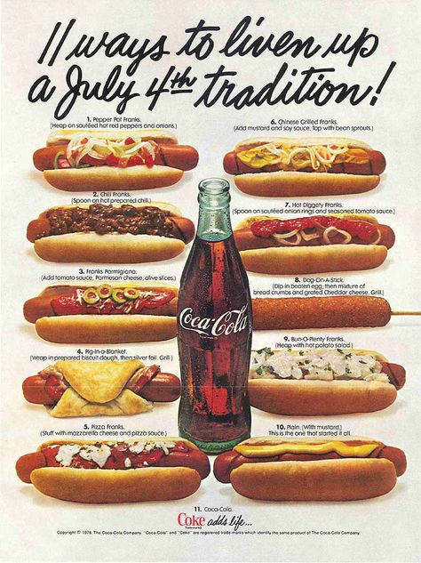 Hot Dogs, Retro Recipes, Coca Cola Ad, Food And Drink, Hot Dog, Hot Dog Recipes, Gourmet, Vintage Ads Food, Diner