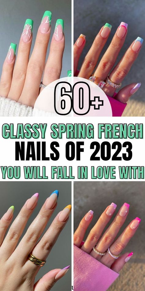 Are you into the trend of French nails and French tip nails of 2023? yet, you want to celebrate spring through the best spring nail design of all time? We've got you here the best spring French nails to add a spring twist to your French tip nails and upgrade your classic French nails manicure. Spring Nail Colors, Summer French Nails, Bright Summer Nails, Cute Summer Nail Designs, Nail Designs Spring, French Nail Designs, French Manicure Designs, Nail Colors, French Tip Nails