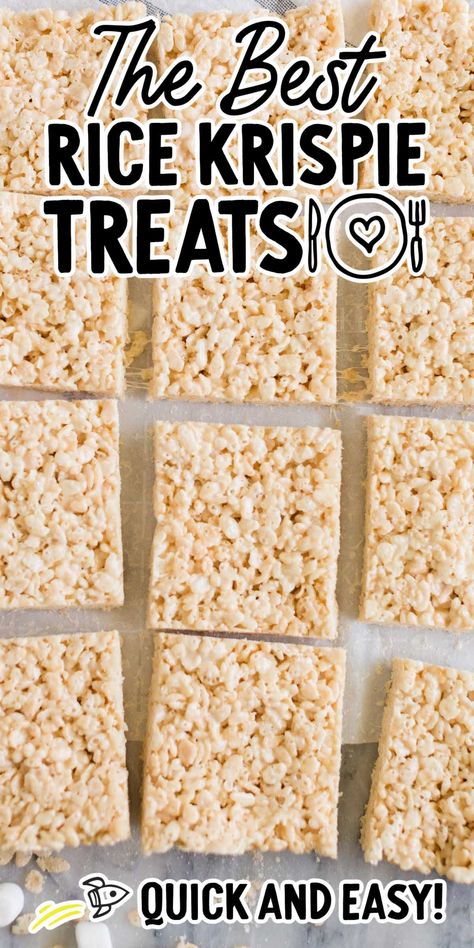 This is the ultimate original recipe for classic Rice Krispie treats featuring buttery marshmallows mixed with crunchy cereal. Essen, Baked Rice Krispie Treats, Rice Krispie Treats Original Recipe, Rice Krispie Treats Recipe, Rice Krispie Treats Using Large Marshmallows, Rice Krispie Treats With Mini Marshmallows, Marshmallow Squares Rice Krispies, Marshmallow Rice Crispy Treats, Rice Krispy Treats Recipe
