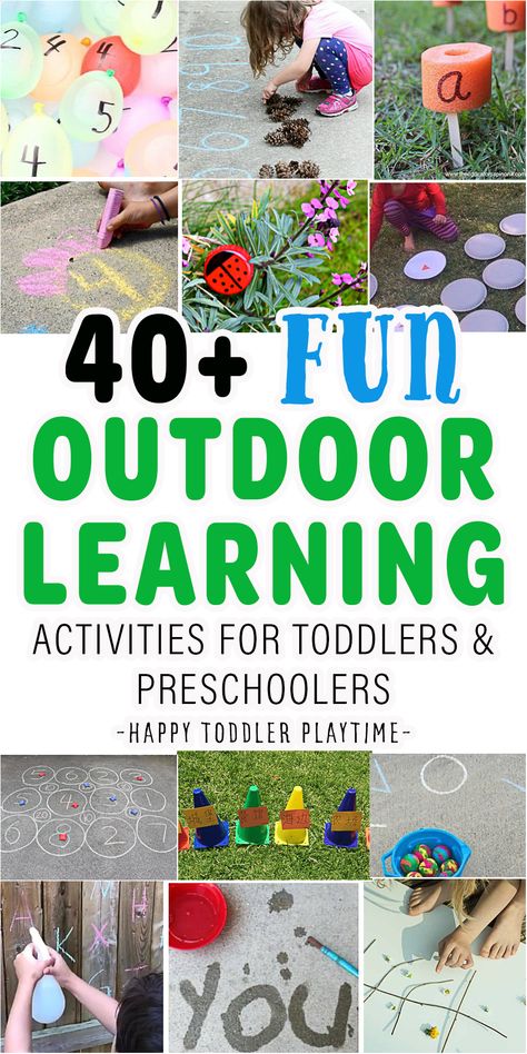 40+ Awesome Outdoor Learning Activities for Kids - HAPPY TODDLER PLAYTIME Outdoor, Ideas, Pre K, Outdoor Learning Toddlers, Outdoor Activities For Preschoolers, Outdoor Learning Activities, Outdoor Learning Games, Outdoor Activities For Toddlers, Outdoor Play For Toddlers