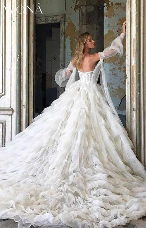 Wona Wedding dress 2020 - Victory | Strapless Ball gown wedding dress with sweetheart neckline, long sleeves and layered princess skirt for the romantic bride #weddingdress #weddingdresses #bridalgown #bridal #bridalgowns #weddinggown #bridetobe #weddings #bride #dreamdress #bridalcollection #bridaldress #dress See more gorgeous bridal gowns by clicking on the photo Hochzeit, Bal, Robe, Mariage, Dreamy Wedding Dress, Beautiful Wedding Dresses, Boda, Bodas
