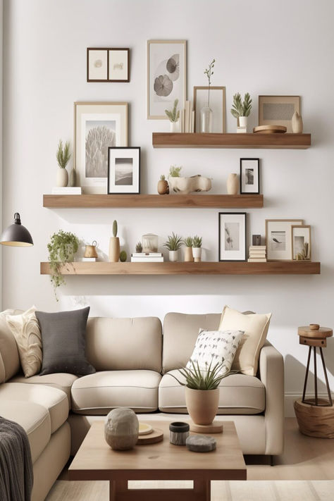A photorealistic modern living room featuring a beige couch with a neatly arranged picture wall above. Interior, Home Décor, Living Room Shelves, Living Room Shelf Decor, Simple Living Room Decor, Shelf Decor Living Room, Living Room Decor Simple, Living Room Wall Shelves, Simple Living Room
