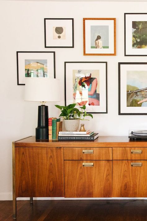 Cool and colorful gallery wall over a vintage console cabinet Home Décor, Living Room Designs, Interior, Entryway, Home Living Room, Homedecor Living Room, Family Room Design, Apartment Decor, Living Room Decor