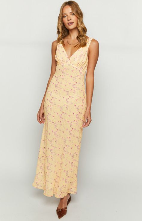 * Yellow Floral Maxi Dress   *     * HOW TO STYLE:   * This yellow floral maxi dress () screams spring! We love wearing this effortless style to long lunches, garden parties, and warm weddings! Style with dainty accessories () and brown heels ()!    *     * FEATURES:   * Gathered detailing on bust   * Invisible side zip    * Back tie around waist    * V neckline   * Maxi length   * Lined   * Mid weight Floral Dresses, Outfits, Yellow Floral Maxi Dress, Pink Floral Maxi Dress, Floral Maxi Dress, Floral Maxi, Yellow Maxi Dress, Yellow Floral Dress, Pink Floral Dress
