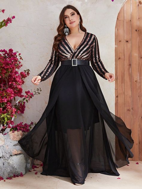 Multicolor Party Collar Long Sleeve Sequins Striped A Line Embellished Slight Stretch  Women Plus Clothing Dresses, Robe, Masquerade Outfit, Dress, Long Sleeve, Moda, Vestidos, Colorful Dresses, Prom Dresses With Sleeves