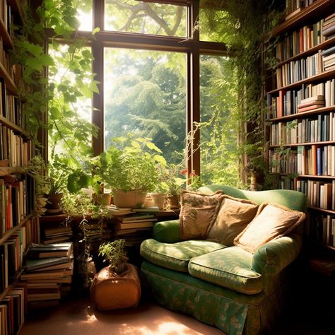 Green room. Bookshelf. Book love. Fantasy. Cozy place. Interior, Inspiration, Home Décor, Cozy Library, Cottage Core Library, Cozy Space, Cottagecore Library, Cozy Room, Cottagecore Home