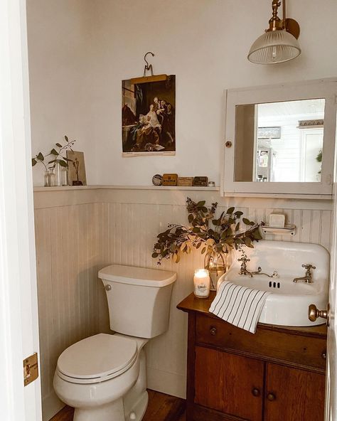 Interior, Bath, Home Décor, Above Mirror Bathroom Lighting, Guest Bathroom, Vanity In Bathroom, Wainscoting Bathroom, Tiny Bathrooms, Antique Bathroom Vanity
