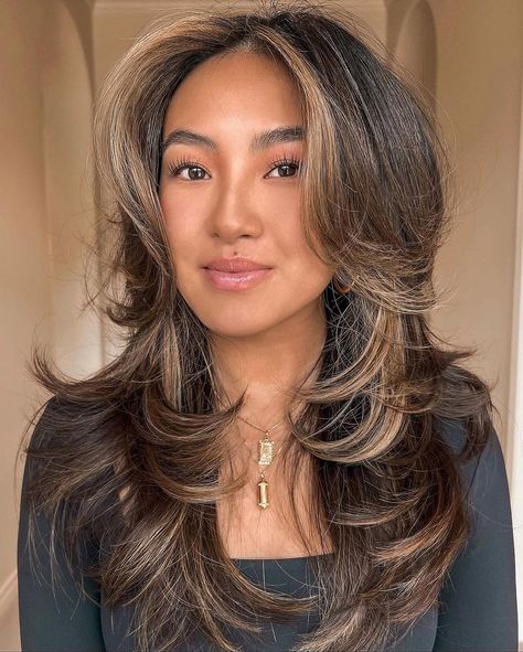 Sassy Feathered Face-Framing Layers and Highlights Balayage, Layers Around Face, Middle Part Face Framing Layers, Face Framing Hair, Highlights Around Face, Layers On Long Hair, Thick Highlights, Medium Layered Hair, Medium Hair Length Cuts