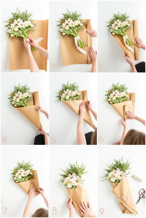 Step by step instructions on how to beautifully wrap a flower bouquet. Diy, How To Wrap Flowers, Wrapping Bouquets, Diy Bouquet, Bouquet Arrangements Diy, Flower Bouquet Diy, Flower Arrangements Diy, Flowers Bouquet Gift, Diy Flowers