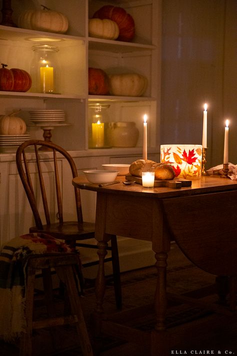 Fall dinners are the perfect time to light a candle and cozy together around a little table. Add a beautiful DIY fall leaf luminary lantern and it feels magical! Tables, Halloween, Happiness, Decoration, Ideas, Fall Coffee Table Decor, Fall Decor, Fall Decor Diy, Cozy Candles