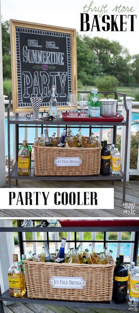 Be the hit of all the summer backyard parties with this easy, thrift store party cooler basket! #thriftstoreDIY #partycooler #summerideas #entertainingideas Diy, Outdoor, Decoration, Diy Party Cooler, Drink Station, Party Entertainment, Outdoor Parties, Outdoor Party, Bbq Party
