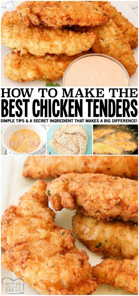BEST CHICKEN TENDERS RECIPE - Butter with a Side of Bread Chicken Recipes, Homemade Chicken Strips, Best Chicken Strip Recipe, Chicken Strip Recipes, Breaded Chicken, Chicken Strips, Chicken Tender Recipes, Fried Chicken Tenders, Chicken Dishes
