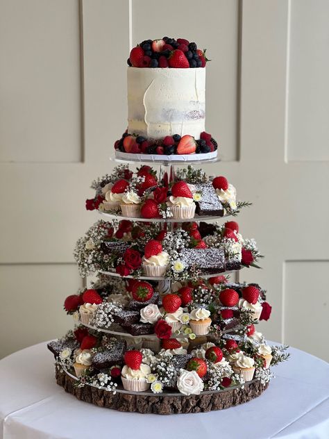 Vegan chocolate brownie and cupcake tower Alternative Wedding Cakes, Wedding Cupcakes, Cake, Engagements, Wedding Cake Designs, Dessert, Wedding Cake Cupcakes, Wedding Cakes With Cupcakes, Wedding Brownies