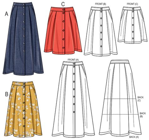 Sewing Pattern: Create a versatile A-line skirt with a buttoned front, offering mini, midi, and maxi length options. The skirt features soft pleats on both the front and back, along with convenient slash pockets and a waistband. Couture, Button Front Dress Pattern, Sewing Skirts Women, Skirt Sewing Pattern Free, Pocket Skirt Pattern, Button Down Skirt Pattern, Sewing Skirts Patterns, Skirt Patterns Sewing Free, Long Skirt Sewing Pattern