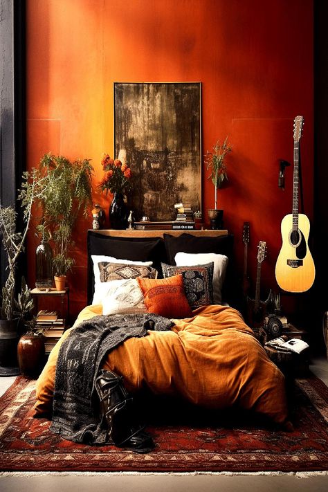 colored wall, artwork, and a guitar. Inspiration, Bedroom Décor, Home Décor, Bedroom Red, Bedroom Green, Bedroom Orange, Bedroom Decor, Bedroom Wall Colors, Bedroom Wall
