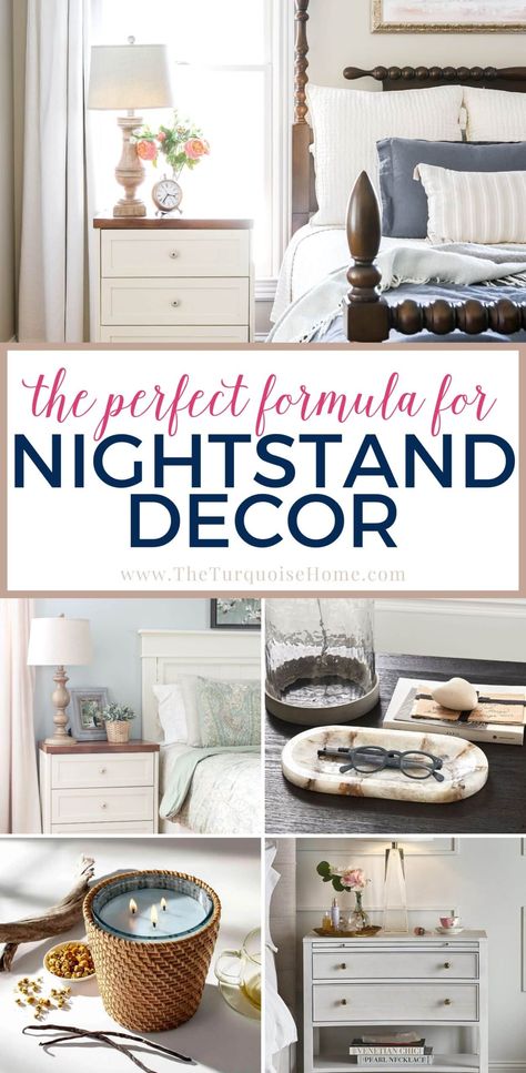 Turn your bedroom into your sanctuary! With some simple nightstand decorating tips, you can take your cluttered nightstand decor (and bedroom) and transform it into a respite from the rest of the world. Turquoise, Design, Interior, Diy, Decoration, Bedside Night Stands, Bedroom Lamps Bedside Nightstand Ideas, Bedroom Nightstand Decor Ideas, Nightstand Organization