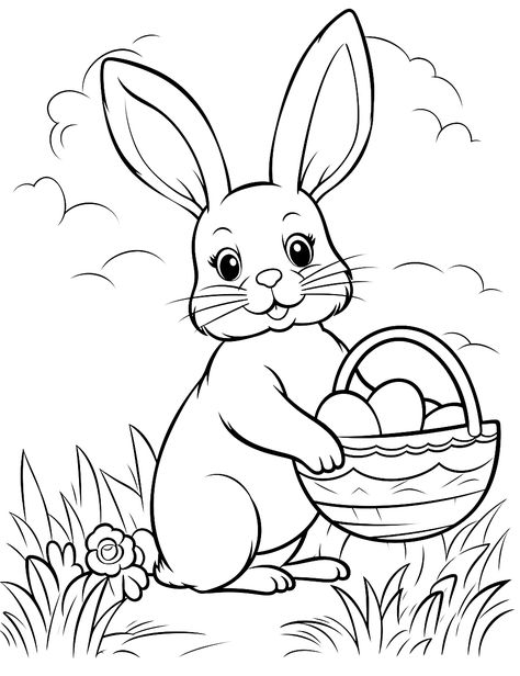 Easter Bunny with a Basket: A cheerful bunny carrying a basket full of colorful Easter eggs. (Free Printable Coloring Page for Kids) Colouring Pages, Cute Bunny, Bunny Coloring Pages, Animal Coloring Pages, Coloring Pages, Creative, Coloring For Kids, Manualidades, Creative Kids