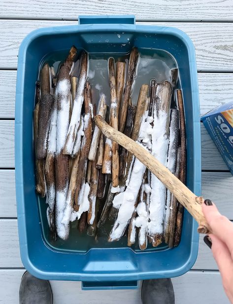 While this method of cleaning and disinfecting driftwood is easy, it does take time. A little patience definitely goes a long way! BONUS TIP: If you find that some of your driftwood continues to leach a reddish colour – i.e., the ‘tannins’ – you may want to try the following. Using sandpaper, remove the tannins that have leached out and stuck to the surface of the driftwood, as I did to this piece. Driftwood Projects, Driftwood Fish, Sanding, Driftwood Furniture, Driftwood Beach, Driftwood Furniture Finish, Driftwood Diy, Driftwood Bathroom, Driftwood Ideas