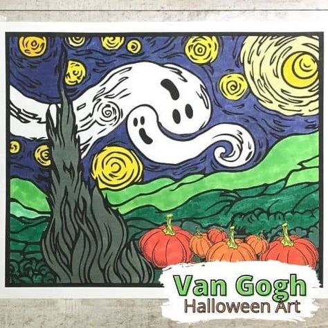 Here's a fun take on famous Van Gogh's A Starry Night. Create your own Scary Night art this Halloween with our free coloring page. A fun mixed media art activity for elementary aged kids! Your kids will love this STEAM project for the classroom, homeschool or distance learning. Learn how to make this simple and fun art project! #ElementaryArt #HalloweenArtProject Halloween Art, Halloween, Art, Halloween Art Lessons, Halloween Art Projects, Halloween Arts And Crafts, Halloween Elementary, Halloween School, Fall Art Projects