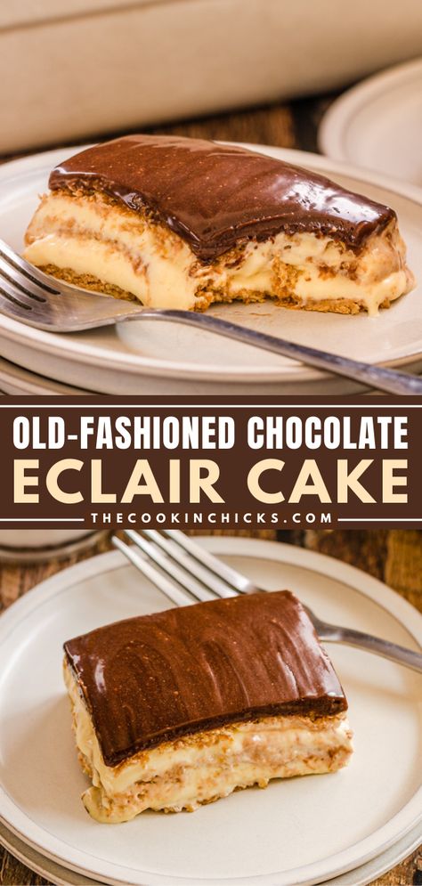 This Old-Fashioned Chocolate Eclair Cake is a no bake sweet treat everyone will enjoy! Layers of honey graham crackers, creamy Vanilla pudding, whipped topping, and chocolate frosting combine into a dessert perfect for any occasion! Pudding, Dessert, Thanksgiving, Snacks, Pie, Ideas, Vanilla Pudding Graham Cracker Dessert, Graham Wafer Desserts, Graham Cracker Dessert