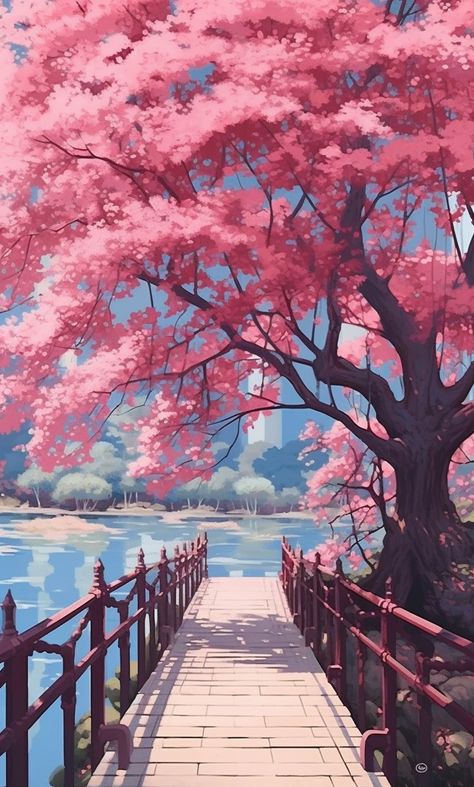 Cherry blossom bridge #anime #vaporwave #lofi #wallart Pink, Kawaii, Flora, Vintage, Cherry Blossom Wallpaper, Cherry Blossom Wallpaper Iphone, Cherry Blossom Background, Cherry Blossom Pictures, Cherry Blossom Art