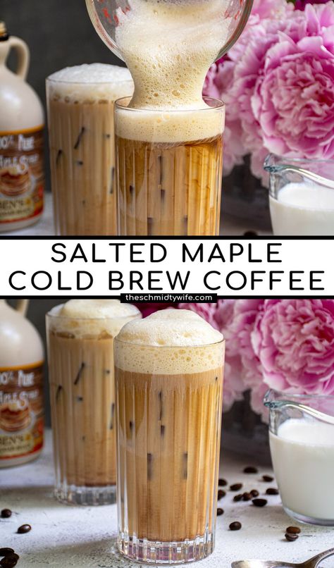 Say goodbye to all those coffee shop drinks, this Salted Maple Cold Brew will blow your mind AND it is so easy to make at home. With only 4 ingredients this is an easy coffee drink you will make over and over again. Salted Maple Cold Brew, Slated Cold Brew, Salted Caramel Cold Brew, Cold Brew Coffee Starbucks, Cocoa, Cold Brew Coffee Concentrate, Making Cold Brew Coffee, Cold Brew Coffee Recipe, Cold Brew Coffee, Cold Brew Recipe, Diy Cold Brew Coffee, Coffee Drink Recipes