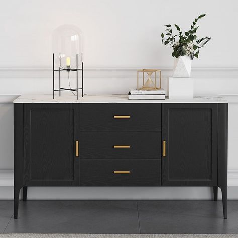 Modern Black Faux Marble Top 63" Sideboard Buffet with Drawers & 2 Doors Kitchen Cabinet Gold Pull Sideboard, Black Sideboard Buffet, Black Buffet Sideboard, Black Sideboard In Dining Room, Dining Room Bar Buffet, Black Buffet Table, Modern Sideboard Buffet, Dining Room Buffet Decor Modern, Dining Room Buffet Decor