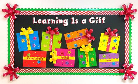 Learning is a gift! Make this Christmas theme bulletin board for your classroom and have students add their names to their favorite school subjects on the gifts! Pre K, Decoration, Bulletin Boards, Crafts, Preschool Bulletin Boards, Christmas Bulletin Boards, Holiday Bulletin Boards, Preschool Bulletin, Winter Bulletin Boards