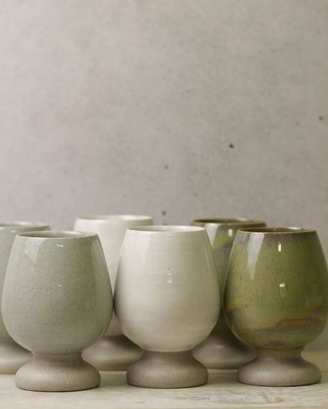Helen & Danielle Cattell on Instagram: "Wine cups in sage, snow and luscious jade glazes. We have lots of pottery in our house, as you would expect. We have a lot of pieces going out of our studio each week. There are many pieces that come out of the kiln that I stop to admire and tell Danielle what wonderful work she is producing. But when these wine cups came out, I was in awe. I really did not want to let this set go. It is stunning in both design and function. Danielle promised me s Ceramics, Diy, Décor, Design, Stunning, Awe, Chalice, Decor, Lot