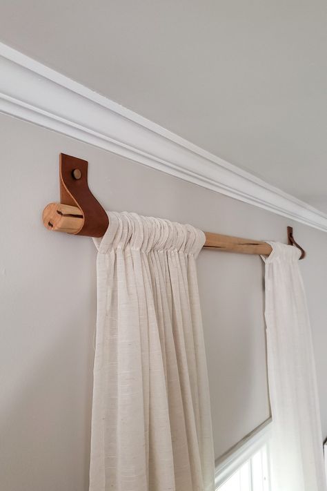 DIY Wood Curtain Rods with Leather Straps for Under $10 | Dani Koch Modern Farmhouse, Home Décor, Diy, Wood Curtain Rods, Wooden Curtain Rods, Diy Curtain Rods, Wood Curtain, Hanging Curtain Rods, Curtain Rods