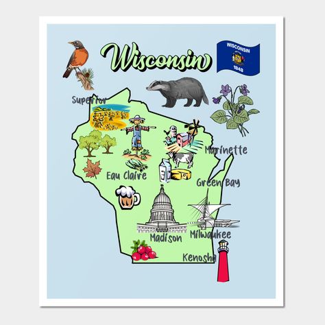 Wisconsin Landmarks Map with symbols of the State -- Choose from our vast selection of art prints and posters to match with your desired size to make the perfect print or poster. Pick your favorite: Movies, TV Shows, Art, and so much more! Available in mini, small, medium, large, and extra-large depending on the design. For men, women, and children. Perfect for decoration. Fruit, Art, Symbols, Design, Wisconsin, Posters, Decoration, Wisconsin Decor, Landmarks