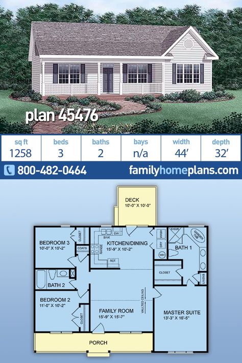 Simple 3 Bedroom Home Plan Under 1300 Sq. Ft. - Affordable And Efficient Ranch Home Building Plans - House Plan 45476 Lofts, House Plans 3 Bedroom, Three Bedroom House Plan, Simple Ranch House Plans, Family House Plans, Ranch House Plans, 3 Bedroom Home Floor Plans, Ranch Style House Plans, 3 Bedroom Floor Plan