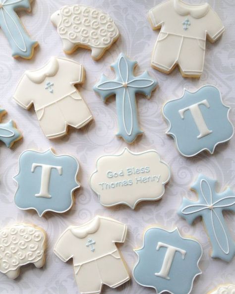 Boy Christening Cookies - Baptism Party Ideas Baby Boy Baptism, Baby Boy Christening, Baby Baptism, Baptism Cookies, Baby Christening, Christening Cookies, Christening Cake Boy, Baptism Party Decorations, Baptism Decorations