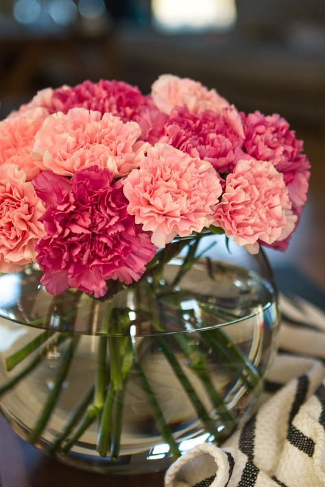 Simple Carnation Flower Arrangement -- this stunning DIY carnation flower arrangement requires only a pair of floral shears, a bubble vase, and about 5 minutes of time to create… It’s nearly effortless and can last up to two weeks! | via @unsophisticook on unsophisticook.com Floral Arrangements, Floral, Carnation Centerpieces, Flower Arrangements, Flower Arrangement, White Carnation, Flower Decorations, Flower Vases, Pink Carnations
