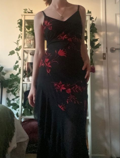 black dress with red floral pattern. for sale on depop. Floral, Roses, Prom, Inspiration, Summer, Black Dress With Flowers, Black Red Floral Dress, Red Flower Dress, Debut Dresses